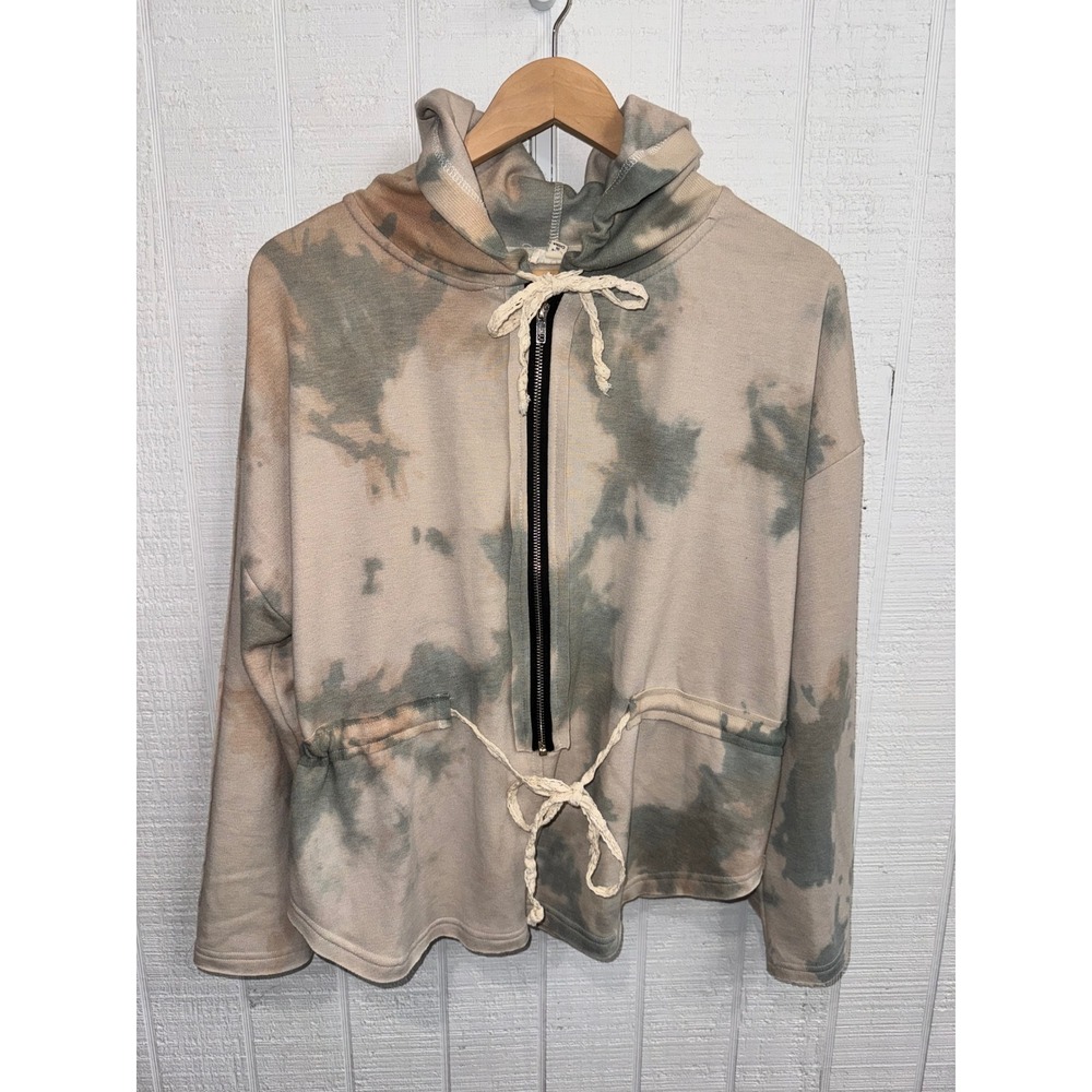 POL Tie Dye Hoodie Women Tan Sage Half Zip Drawstring Waist Small